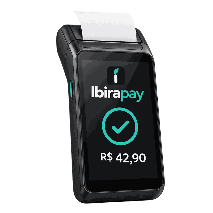 Maquininha IbiraPay mostrando um pagamento aprovado de R$ 42,90